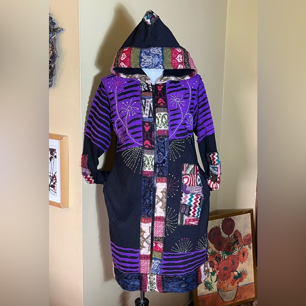 RISING INTERNATIONAL sz Large Long ZipFront Hoodie Cotton Nepal Patchwk $119 NEW